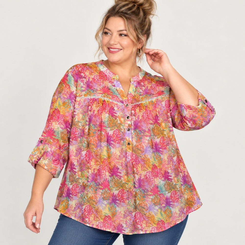 Juniper + Lime Top Women 2X Pink Floral Tropical Mesh Roll Tab 3/4 Sleeve Boho